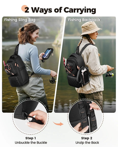 Two women by a lake using a Women's Fishing Sling Bag With Lure Rod Holder And Phone Pouch Waterproof 3600 Tackle Backpack