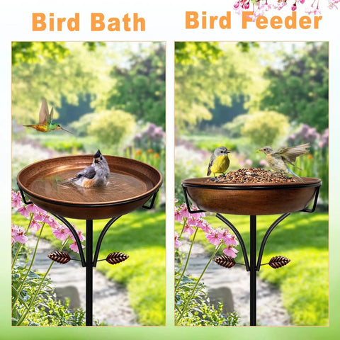 Vintage Outdoor Metal Bird Bath With Free Standing Stake And Detachable Feeder Bowl In Antique Bronze Finish Upgraded Five Pronged Base For Yard Patio Garden Decor Patio Ready Built To Last Weatherproof For Birds in garden setting with birds