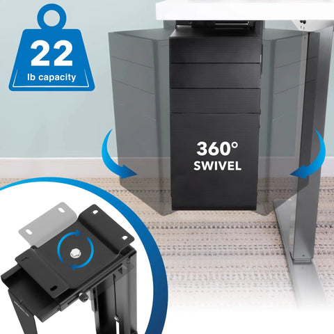 Heavy Duty Under Desk Computer Tower Holder With Slick Swivel Design And Generous Adjustable Fit To Keep Your Badass Gaming Rig Dust Free And Your Workspace Looking Sharp, showing 360° swivel and 22 lb capacity.