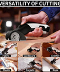 AyP Cordless Electric Scissors 4.2V Rotary Box Cutter cutting fabric, leather, plastic, and cardboard in various scenarios.