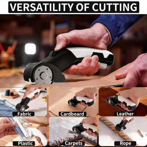 AyP Cordless Electric Scissors 4.2V Rotary Box Cutter cutting fabric, leather, plastic, and cardboard in various scenarios.