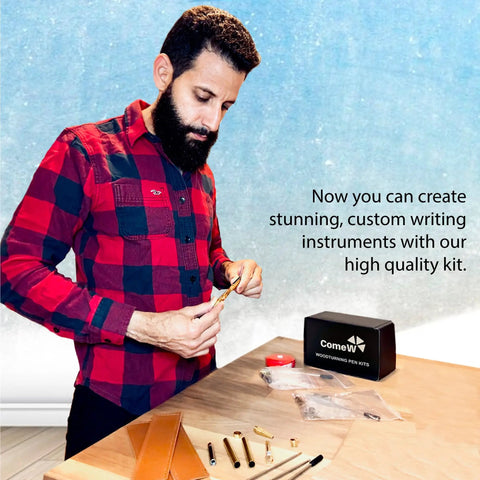 Man using 10 Pack Silver Twist Slimline Woodturning Pen Kit Set With Black Ink Bonus Covers And Lathe Turning Essentials on table