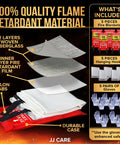 Diagram of 5 Pack Fire Blanket Set With Hooks And Gloves, showing layers and contents on black background