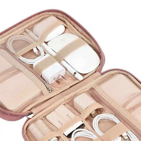Hassle Free Travel Cable Caddy For Tech Gear And Electronic Accessories Featuring Huge Capacity Custom Pockets with organized cords and chargers.