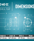 Little Giant 3-MD-SC chemical pump blueprint with side and front views and dimensions A–C (4.89,9.82,3.91 in) on teal
