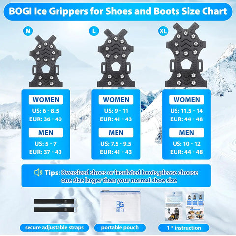 Upgraded Ice Cleats For Shoes And Boots With 12 Stainless Steel Spikes No Slip Traction Cleats size chart for M, L, XL