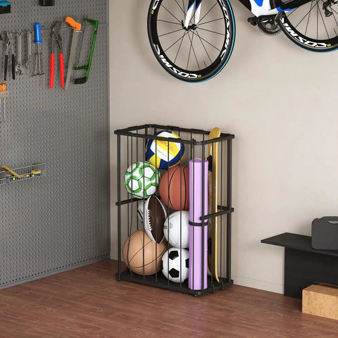 Heavy Duty Garage Ball Storage Rack With No Fuss Elastic Strap Wall Mount Or Floor Stand Option For Basketball Soccer Football Volleyball Gear In Matte Black