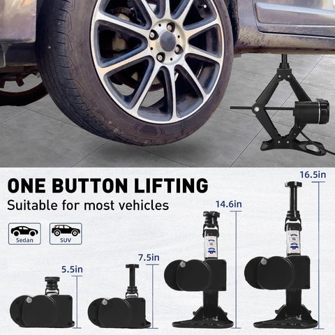 Premium 10 In 1 Electric Scissor Jack With Enhanced Safety And 3 Ton Capacity lifting sedan tire, showing height settings.