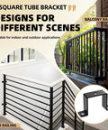 2x2 Square Tube Strap Clamp U Shaped Metal Bracket Black Powder Coated Square Pipe Clamp For Wood Deck Fence Post Tie And Water Pipes Stairs Railing Heavy Duty Set Of 6, showcased in balcony and stair railing applications.