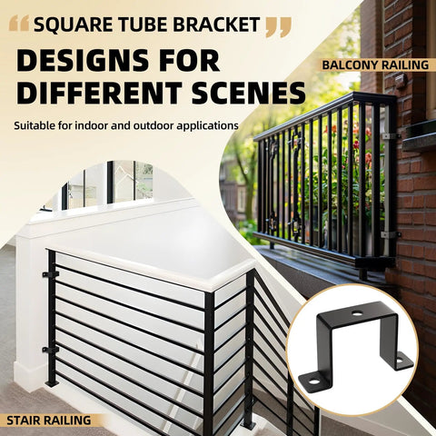 2x2 Square Tube Strap Clamp U Shaped Metal Bracket Black Powder Coated Square Pipe Clamp For Wood Deck Fence Post Tie And Water Pipes Stairs Railing Heavy Duty Set Of 6, showcased in balcony and stair railing applications.