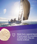 Pro Wool Compound Pad For Boats, Cars, Trucks And RVs Single Sided 9 Inch Wool Buffing Pad depicted with sailing boat