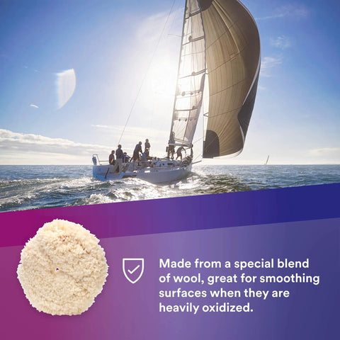 Pro Wool Compound Pad For Boats, Cars, Trucks And RVs Single Sided 9 Inch Wool Buffing Pad depicted with sailing boat