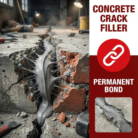 Close-up of Two Pack 2.2 Pound Grey Concrete Crack Filler Self Leveling Sealant For Driveways Patios Sidewalks Garages Basements Waterproof Repair Caulk With High Elasticity And Built To Last Professional Grade Durability applied to a cracked concrete surface.