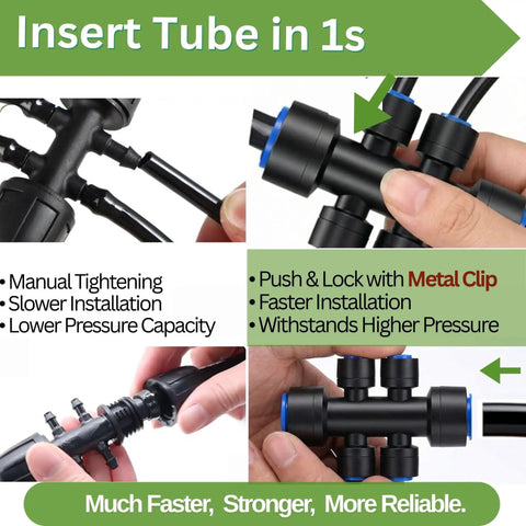All In One 240Ft Drip Irrigation System for Garden and Yard demonstrating quick connect PE tubing with metal clip installation