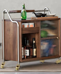 Wooden bar cart with 4 Pcs Universal Brass Caster Stem Wheels With 360 Degree Rotation And Brass Threaded Stems, holding bottles and glasses.