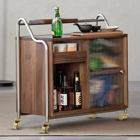Wooden bar cart with 4 Pcs Universal Brass Caster Stem Wheels With 360 Degree Rotation And Brass Threaded Stems, holding bottles and glasses.