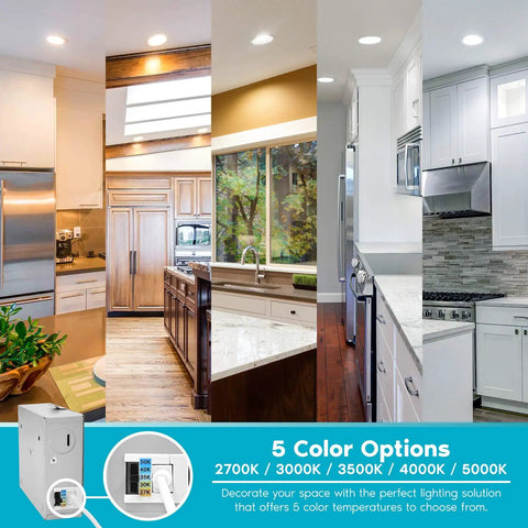 4 Pack 8 Inch Ultra Thin LED Recessed Lights with J-Box, shown in kitchen settings, 5 color temperature options, no flicker