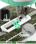 Close-up of Beginner Friendly Portable Sewing Machine with Twin Needle and Reverse Stitching comparison on fabric