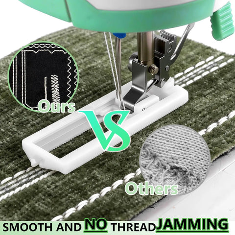 Close-up of Beginner Friendly Portable Sewing Machine with Twin Needle and Reverse Stitching comparison on fabric
