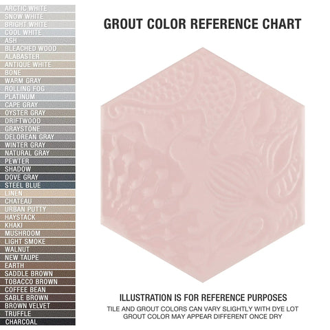 Hex Rose Porcelain Tile For Floors And Walls, Gaudi Lux Style, pink hexagonal tile with grout color chart reference.