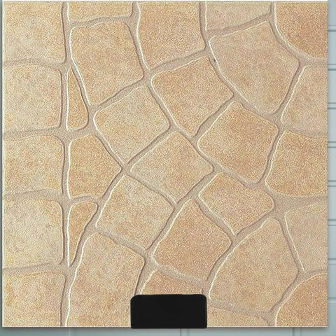 Close-up of Heavy Duty Black Stainless Steel Tile Display Hangers on a textured beige tile background.