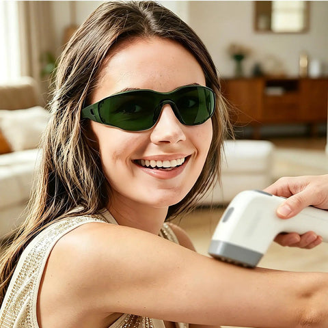 Heavy Duty Laser Safety Glasses Beast Mode OD4 Eye Protection Blocking 180NM To 660NM UV And Green Lasers With Anti Fog Scratch Proof Lenses worn by a smiling woman during a laser treatment.