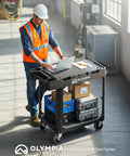 Worker using Heavy Duty Utility Cart With 2 In 1 Convertible Workstation Transforming From 3 Shelf Cart To Flat Top Workstation