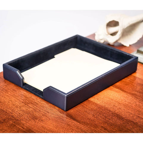 Navy Blue Bonded Leather Letter Tray And Paper Organizer For Desk, Game Changer Luxury Executive Desk Decor, Keeps Papers Sorted