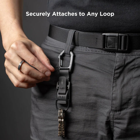EDC Carabiner With Quick Release Keychain And Magnetic Belt Clip Dual Function shown on belt loop