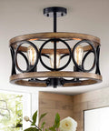 Matte Black And Faux Wood Grain Three Light Chandelier With Metal Finish hanging in modern room setting.