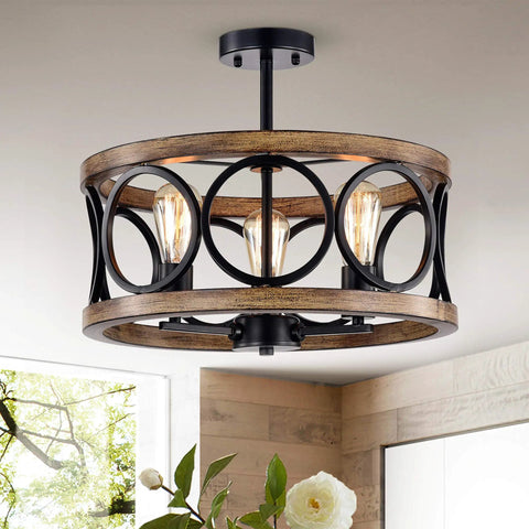 Matte Black And Faux Wood Grain Three Light Chandelier With Metal Finish hanging in modern room setting.