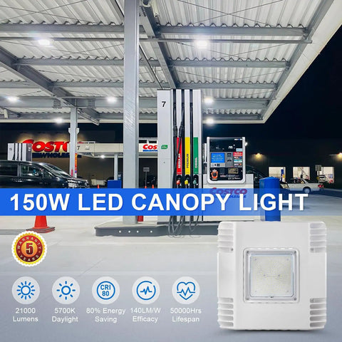 Super Bright 150W LED Canopy Light For Gas Stations And Carports, 21000 Lumens, 5700K Cool White, IP65 Waterproof, lighting at gas station