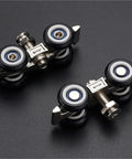 Barn Door Rollers 2 Pack Heavy Duty Silent Glide Tracks For Cabinets And Balconies Rock Solid Wheeled Pulleys close-up view showing wheels and metal components