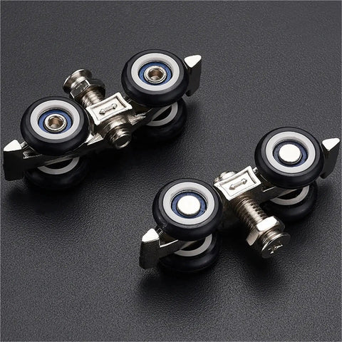 Barn Door Rollers 2 Pack Heavy Duty Silent Glide Tracks For Cabinets And Balconies Rock Solid Wheeled Pulleys close-up view showing wheels and metal components