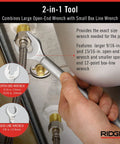 One Stop 2-In-1 Wrench For Angle Stops And Compression Couplings shown tightening a plumbing fitting, highlighting wrench sizes.