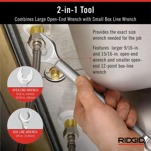 One Stop 2-In-1 Wrench For Angle Stops And Compression Couplings shown tightening a plumbing fitting, highlighting wrench sizes.