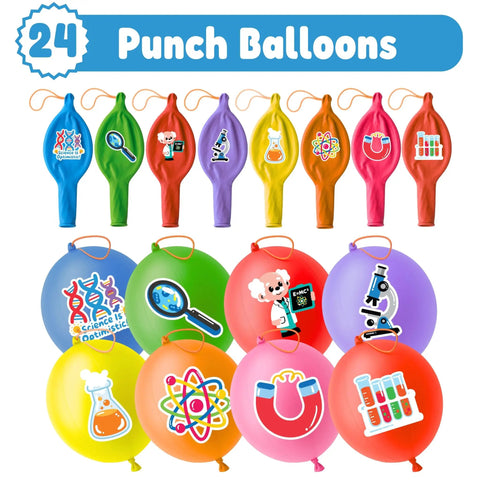Science Party Favors Kit With 24 18 Inch Punch Balloons featuring colorful science designs like beakers, atoms, and lab equipment