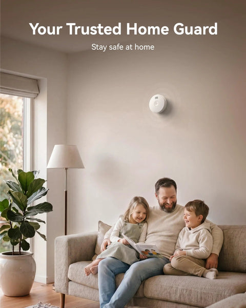 Reliable Smoke Alarm With Photoelectric Sensor And 10 Year Battery, UL217 10th Listed GS525A, Low Battery Alert, Easy Setup, Home Safety Detector, Pack Of 6 installed on a living room wall