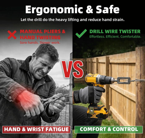 Side-by-side comparison of manual pliers use versus Heavy-Duty Wire Twister Tool For Drill With One Quarter Inch Hex Shank.