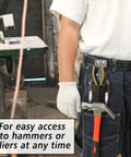 Rugged Leather Belt Holster With Steel Clip For Hammer, Pliers, Box Cutter And Utility Knife worn by person in workshop