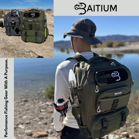 Go To Fishing Backpack Tackle Bag With Rod Holders And Built In Cooler 40L viewed on person's back by lakeside.