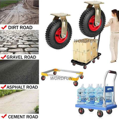 Heavy Duty Rubber Caster Wheels With Swivel Brake Plate Shock Absorbing Industrial Cart Replacement Tires on various surfaces.