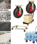 Heavy Hitter Rubber Caster Wheels With Steel Brackets And Bright Red Treaded Rim on tool carts and various surfaces.