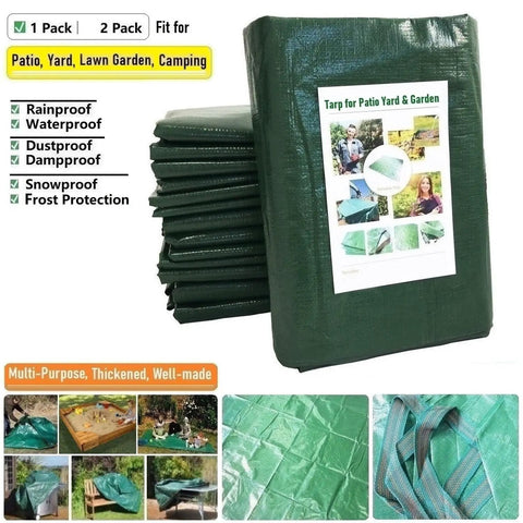 Stack of 7x7 Foot Waterproof Leaf Tarp With Four Handles For Yard Cleanup And Outdoor Projects shown with packaging details.