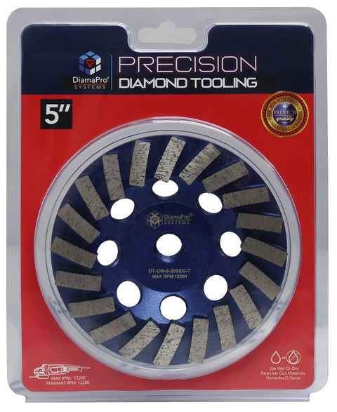 Turbo Concrete Grinding Cup Wheel 5 Inch 20 Segment With Threaded Arbor packaging on red cardboard