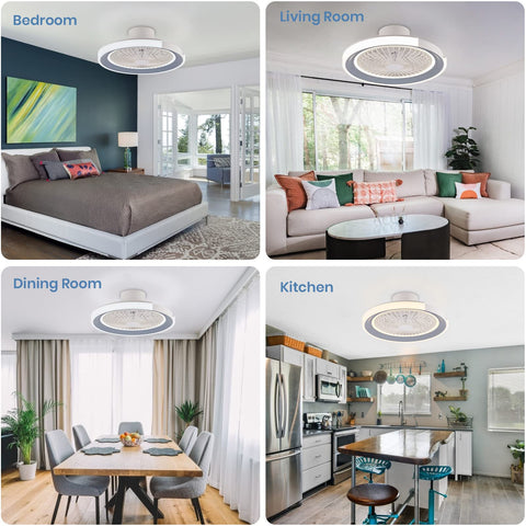 Bladeless Ceiling Fan With LED Lights in bedroom, living room, dining room, kitchen settings, low profile flush mount