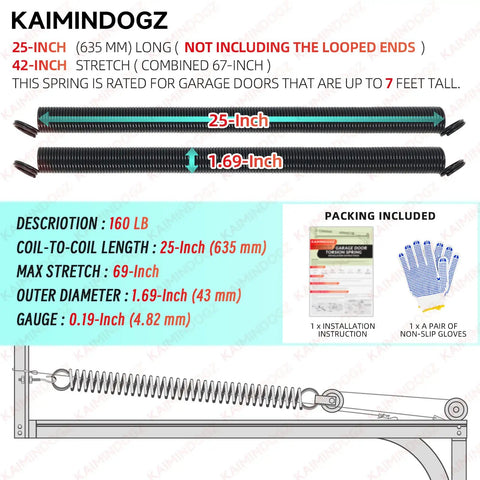 Heavy Duty 160Lb Garage Door Extension Springs Pair 25 Inch Rest Length 67 Inch Full Extension Double Loop Ends Black Coated