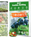 Ultra Fine Garden Mesh Netting 10x50 Ft Pest Barrier for Raised Beds packaging with illustrated uses on vegetables, fruits, plants.