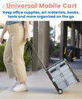 Collapsible Rolling Storage Cart On Wheels For Home Office Classroom Use Mobile Organizer With Retractable Handle in use outdoors