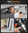 MegaFlow 50 Compressed Air Duster With 110000 RPM Turbo Power used on keyboard, fan blades, window crevice, and toys.
